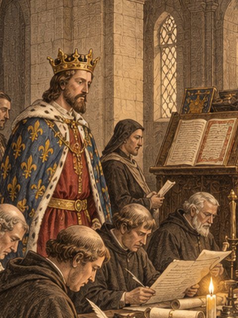 Royal clerks copy the charter onto parchment rolls before the king
