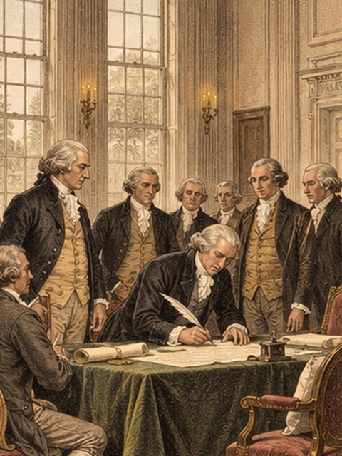 American statesmen sign a parchment in a Federal-style assembly room