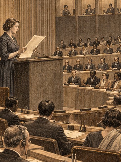 A delegate reads the Universal Declaration of Human Rights to an international assembly